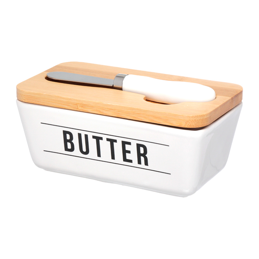 Manteigueira Porcelana Espátula Tampa Manteiga Cozinha Decoração Alimento Branco 400ml