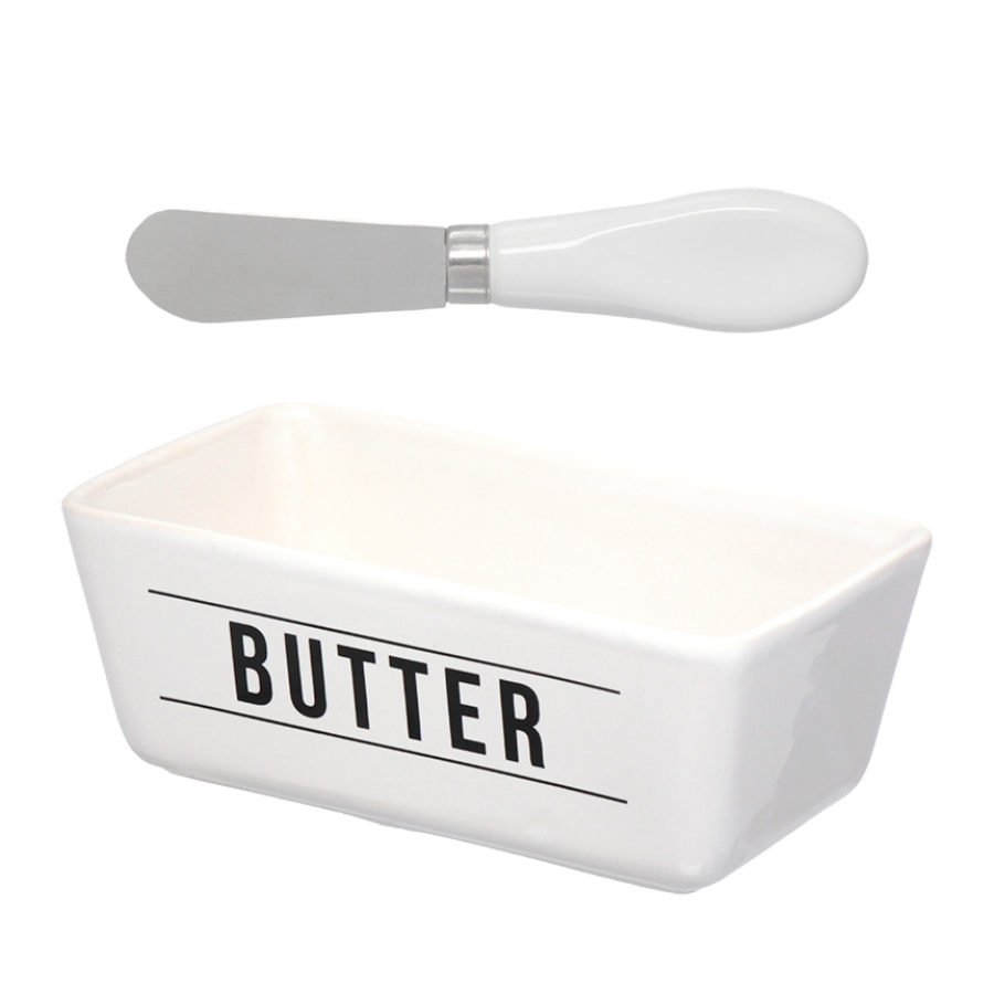 Manteigueira Porcelana Espátula Tampa Manteiga Cozinha Decoração Alimento Branco 400ml