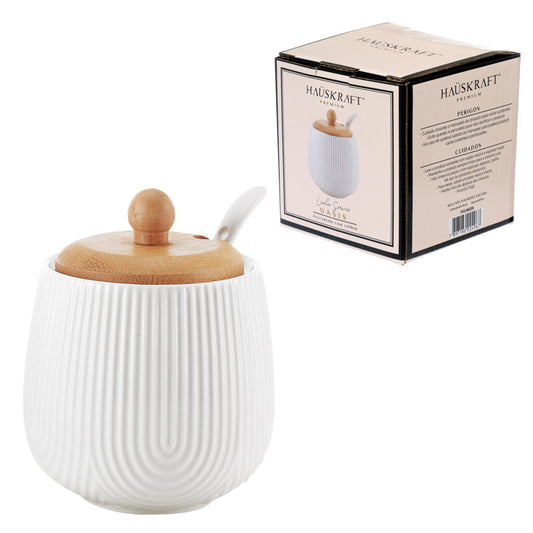 Açucareiro Com Colher De Cerâmica E Tampa Bambu 360ml Cor Branco