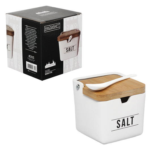 Saleiro De Porcelana E Bambu Manhattan Branco Hauskraft 270mL