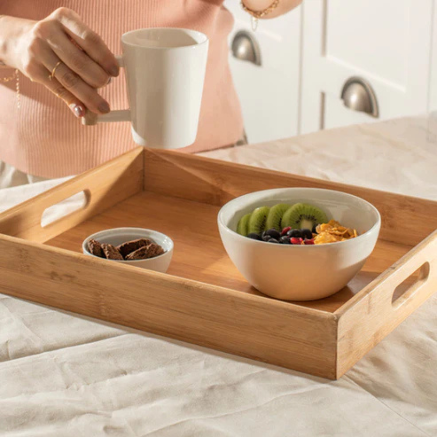 Bandeja De Bambu Retangular Alça Servir Café Da Manhã 45cm