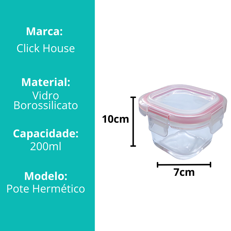 Pote Vidro Hermético Borossilicato Condimento Quadrado 200ml