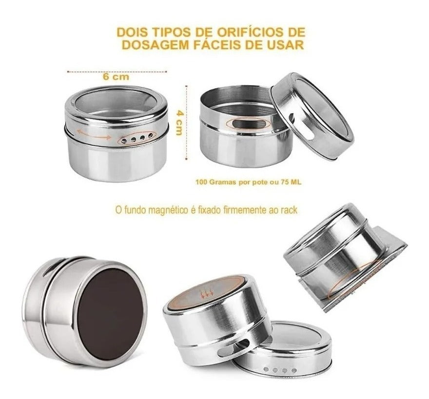 Porta Condimento Tempero Magnético Aço Inox 6 Peças
