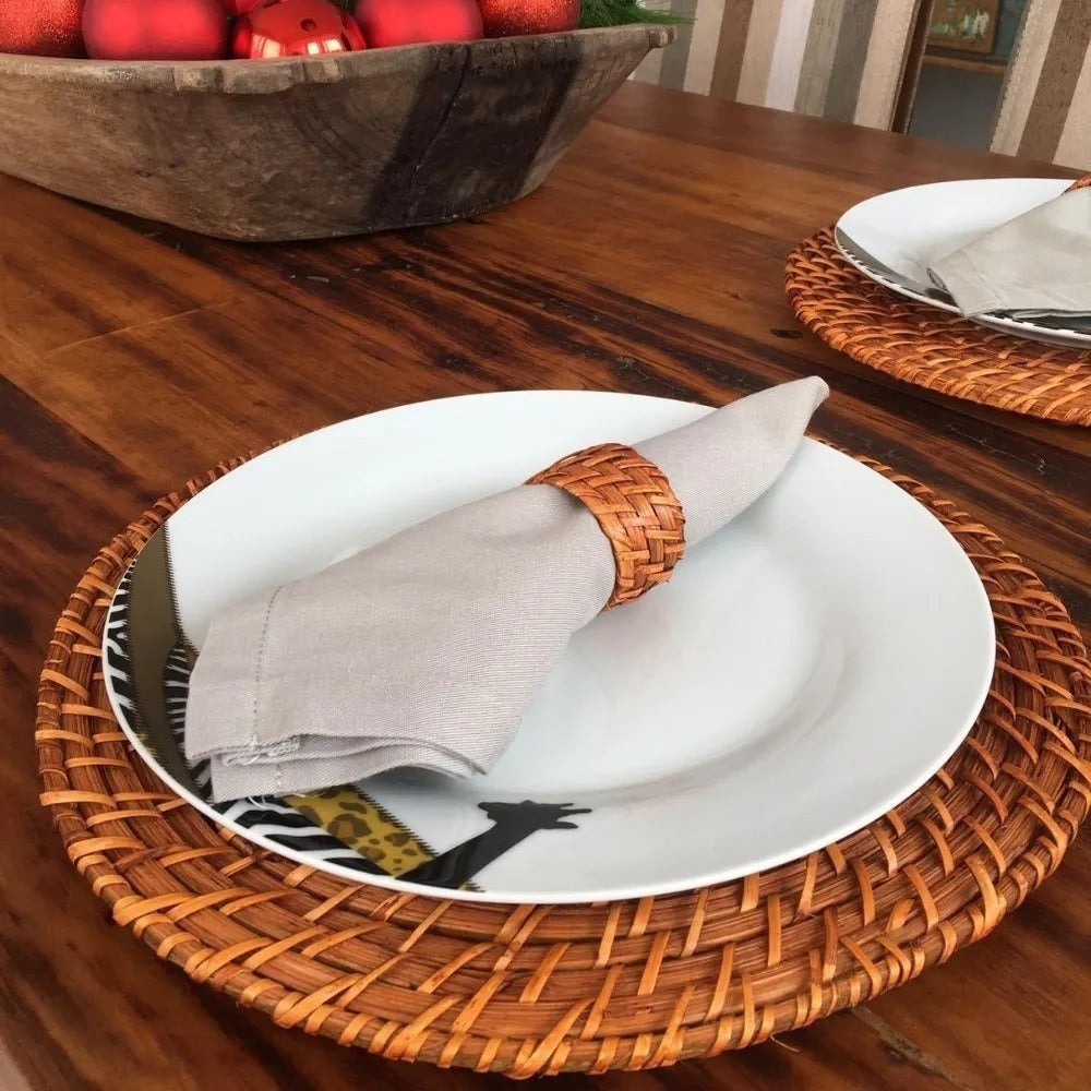Sousplat Redondo Mundiart Rattan Bambu Marrom Escuro 32x32cm