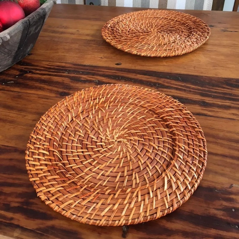 Sousplat Redondo Mundiart Rattan Bambu Marrom Escuro 32x32cm
