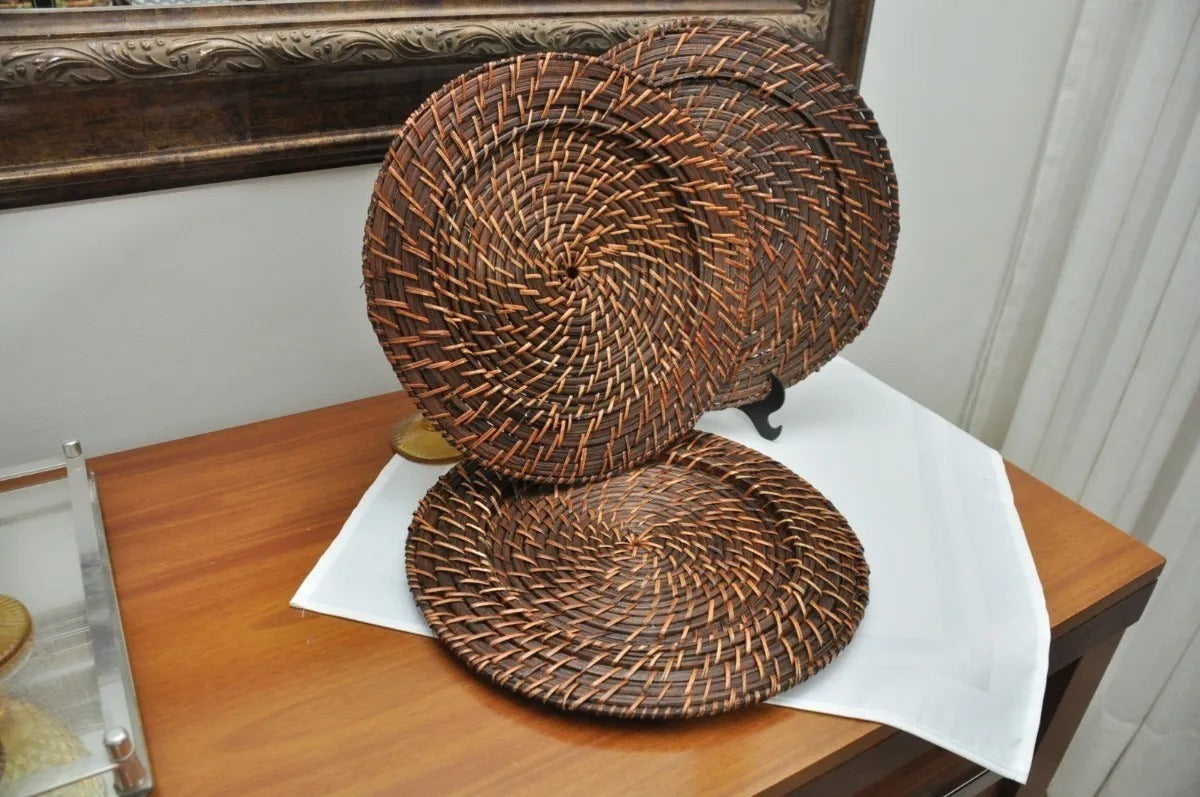Sousplat Redondo Mundiart Rattan Bambu Marrom Escuro 32x32cm